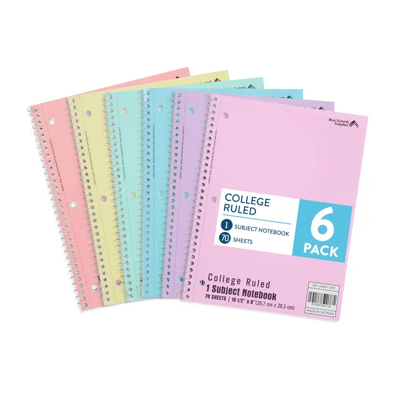 Pastel Spiral Notebook College Ruled, One Subject School Notebooks Spiral, Perforated Notebooks Bulk, 8 x 10.5 School Book, Paper, College Ruled, 6 Pack
