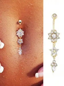 1pc Anti-allergy Stainless Steel silver gold plated Belly Piercing de ombligo button ring,triple Flower Teardrop Crystal Dangle Belly Button Ring, Dangle Style Navel Piercing Jewelry for Women daily wear Perfect for summer beach vacation Body Jewelry