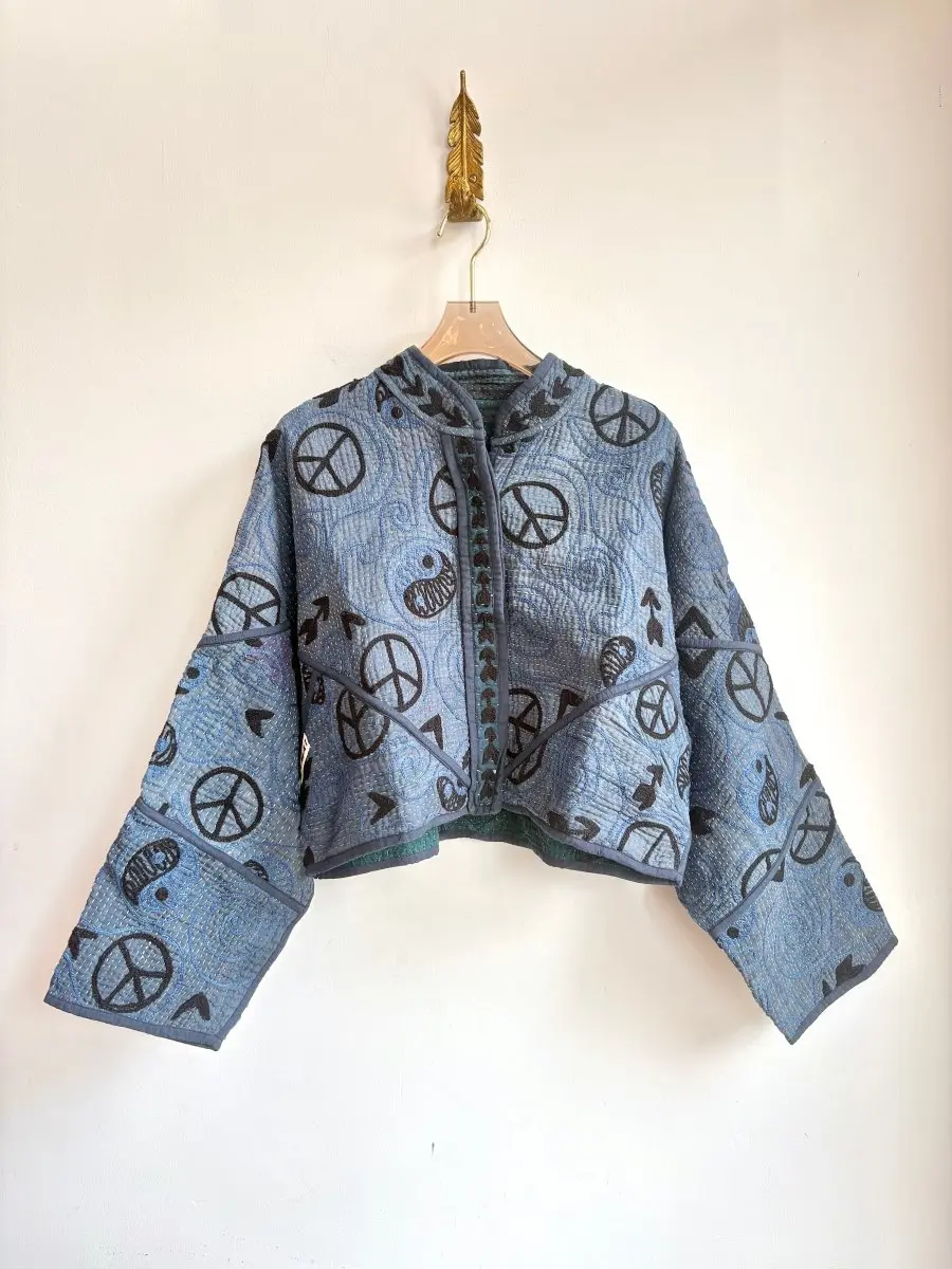 Reversible Suzani Quilted Cropped Jacket in Colors Slate Blue, Navy, Black & Forest, Grey, Black