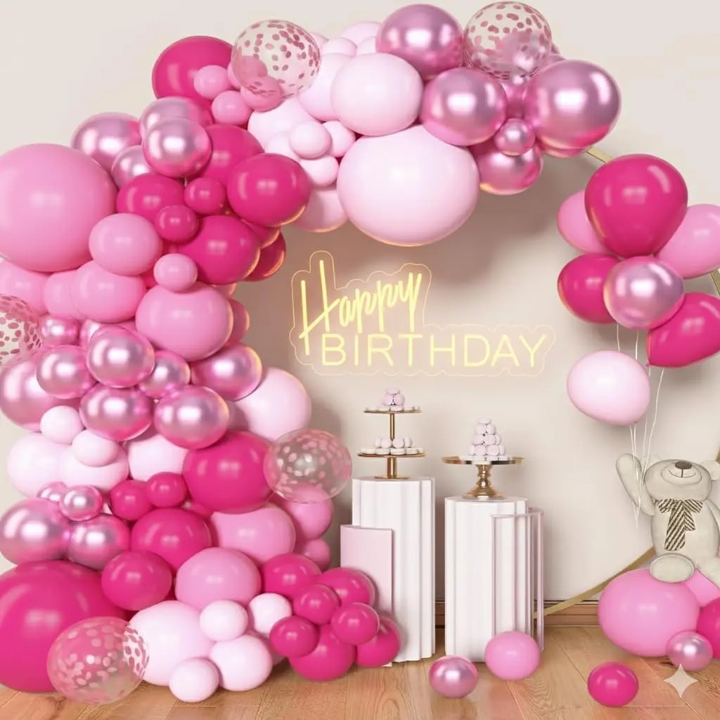 Archloon 157Pcs Square Balloons Arch Kit - Hot Pink, Metallic Rose Gold, Confetti Balloons with Elastic Band, Print & Letters for Birthday, Princess Theme, Festive Home Decorations