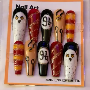 Harry Press-On Nails Just Add Glue - Nail Art with Owl Design and 9 3/4 Pattern