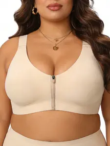 Plus Size Zip Front Sports Bra for Women, Medium Support Full Coverage Bralette, Soft Breathable Material for All Day Comfort