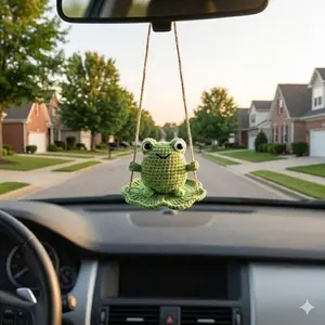 Cute Frog Crochet Car Hanging, Amigurumi Frog on Lotus Leaf Mirror Accessory, Funny Animal Rear View Mirror Charm, Car Decor