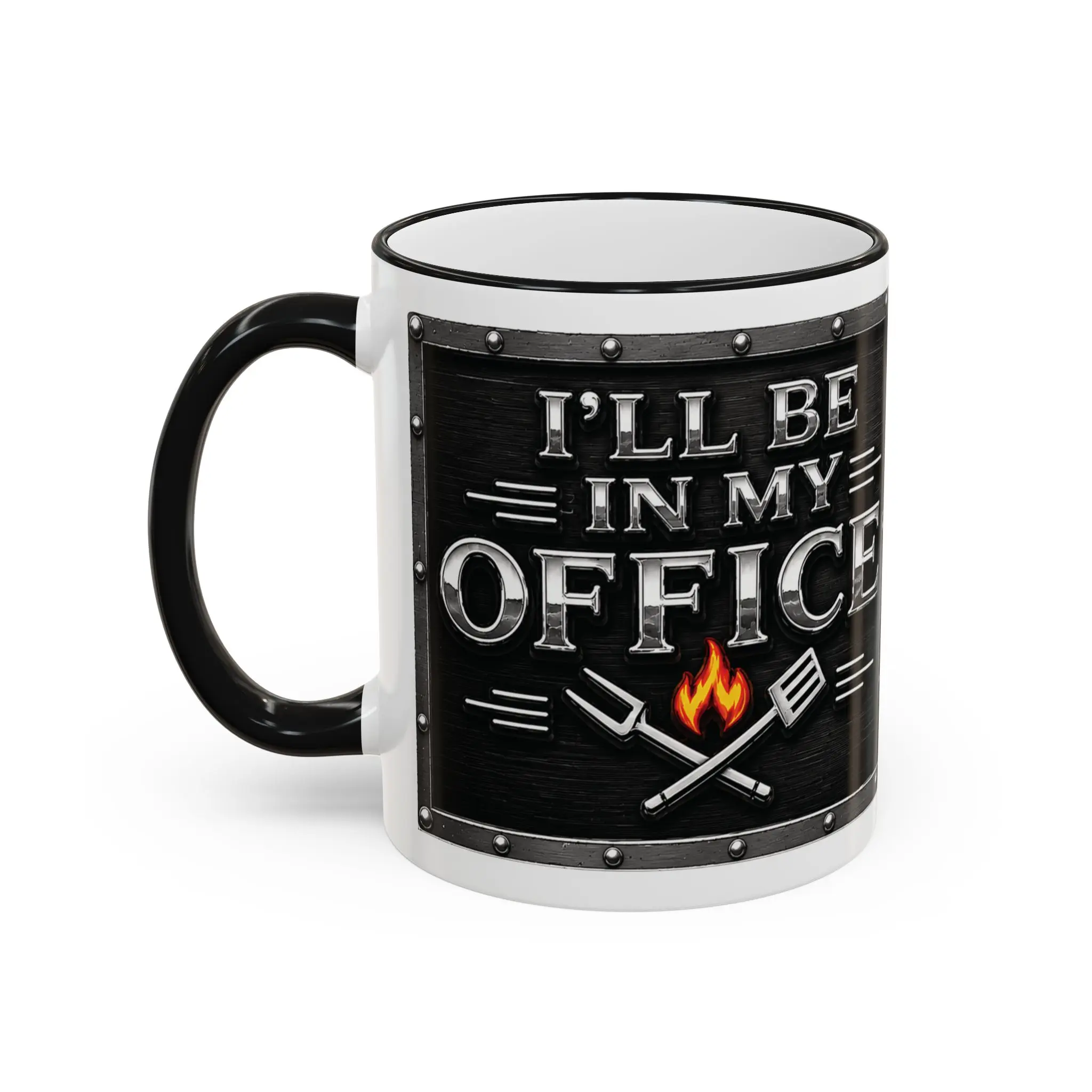 11oz Sturdy Reusable Dishwasher Safe Ceramic Grillmaster Mug, Classic Drinkware with Accent Rim - "I'll Be In My Office" Grilling Themed Coffee Cup with Barbecue Illustration