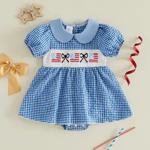 Infant Baby Girls 4th Of July Romper Dress Short Sleeve Plaid Embroidery Flag Bodysuit for Independence Day 0-18 Months