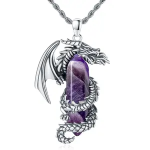 Dragon Necklace Malachite/Obsidian/Amethyst/Lapis Lazuli/Tiger Eye/White Crystal Fire-breathing Dragon Pendant 925 Sterling Silver Medieval Mythic Totem Chain Vintage Animal Jewelry Gifts for Men TikTokShopBlackFriday