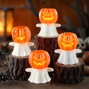 Halloween Real Wax Pumpkin Ghost Lamp, 4 Pcs Flickering Flameless Candles with 6hrs Timer, Spooky Halloween Pumpkin Candles, LED Battery Operated Lights for Home Halloween Decor, Theme Party