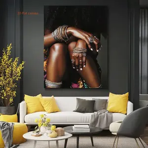2D Flat, 1 Piece Large Size Framed Canvas Oil Painting - Elegant African Beauty Jewelry Portrait, Modern Farmhouse Style Decoration - Wooden Standing Wall Art, Suitable for Living Room, Bedroom, Office - Perfect Housewarming Gift, Birthday, Independe