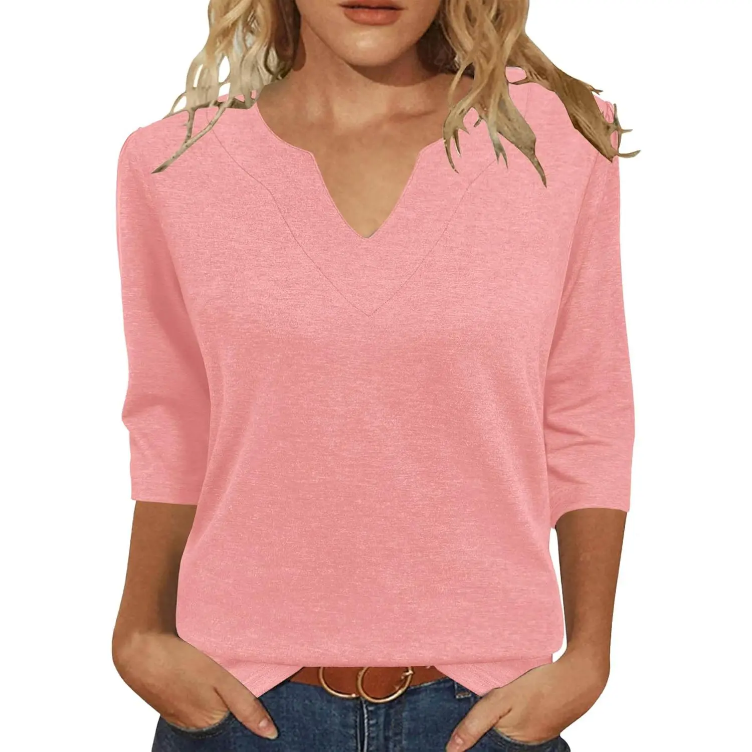 Women's Solid V-Neck Blouse - Lightweight 3/4 Sleeve Tunic Shirt, Smart Casual Wardrobe Staples for Office OOTD & Style Inspo, Comfortable Dress Casual Apparel for Work