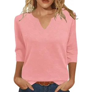 Womens Tops 3/4 Sleeve Shirts V Neck Loose Casual Blouses Solid Color Tshirts