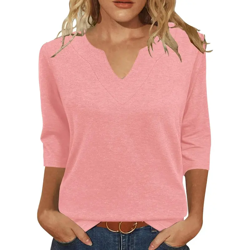Women's Cotton Solid V-Neck Blouses - 3/4 Sleeve Loose Fit Lightweight Tunic Tops for Women, Chic Finds, 9to5 Work Lifestyle Capsule Wardrobe Staples, Body-Moving Design, Flattering Face & Neckline