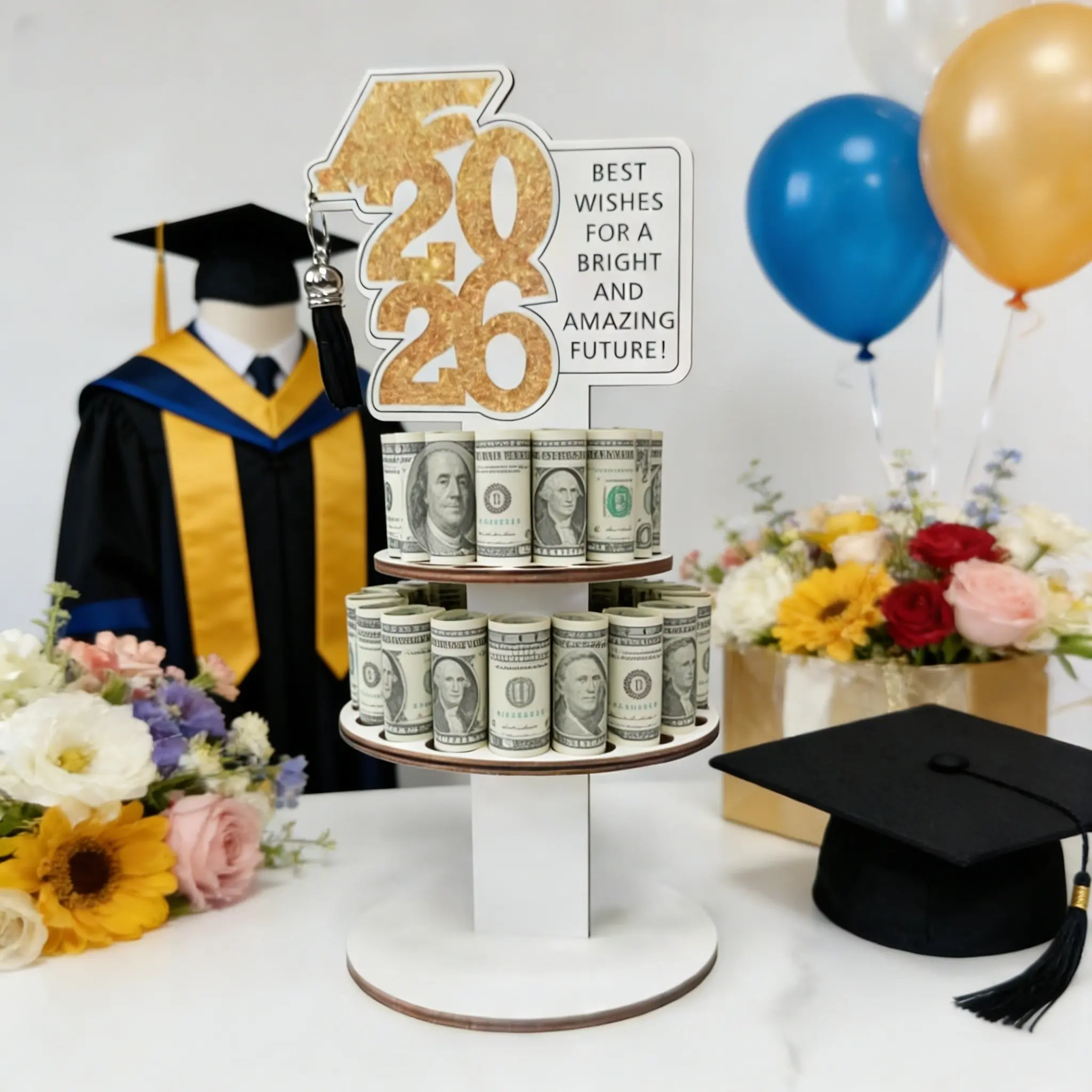 2026 Wooden Graduation Money Cake, Double Layer Design Cake Stand, Perfect Gift for Graduates, Ideal for Dining Table Decorations