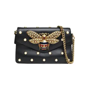 Pre-owned GUCCI leather Tote Bags Broadway Pearl Bee Bag Black C Gold Clasp