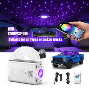 16W Fiber Optic Starlights Headliner Lights，Mixed Fibers 1200pcs 9.89ft (0.1in 800pcs+0.2in 400pcs) Star Lights for car Sound Activated Light Source with Remote+APP Control Starlights Suitable for a variety of car models.