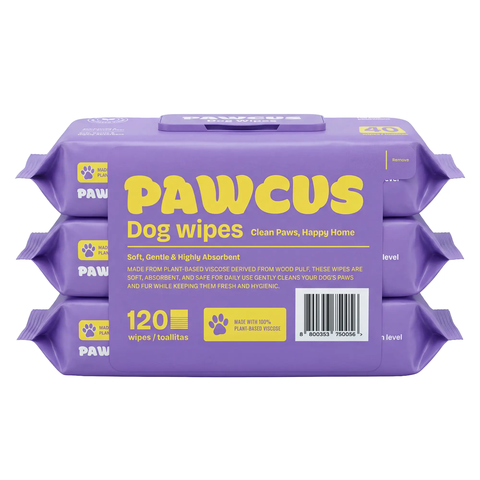 PAWCUS Premium Dog Wipes - 120ct Smart Pack (3-Pack Bundle) | 100% Plant-Based Viscose