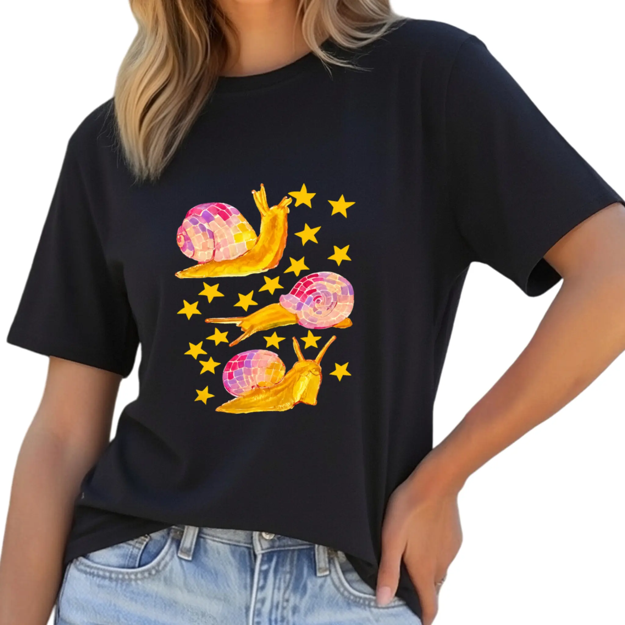 100% Washed Cotton Vintage Distressed Disco Snail Golden Star Graphic T Shirt Colorful Mosaic Shell Party Snail Print Unisex Oversized Crew Neck Streetwear Short Sleeve Tee