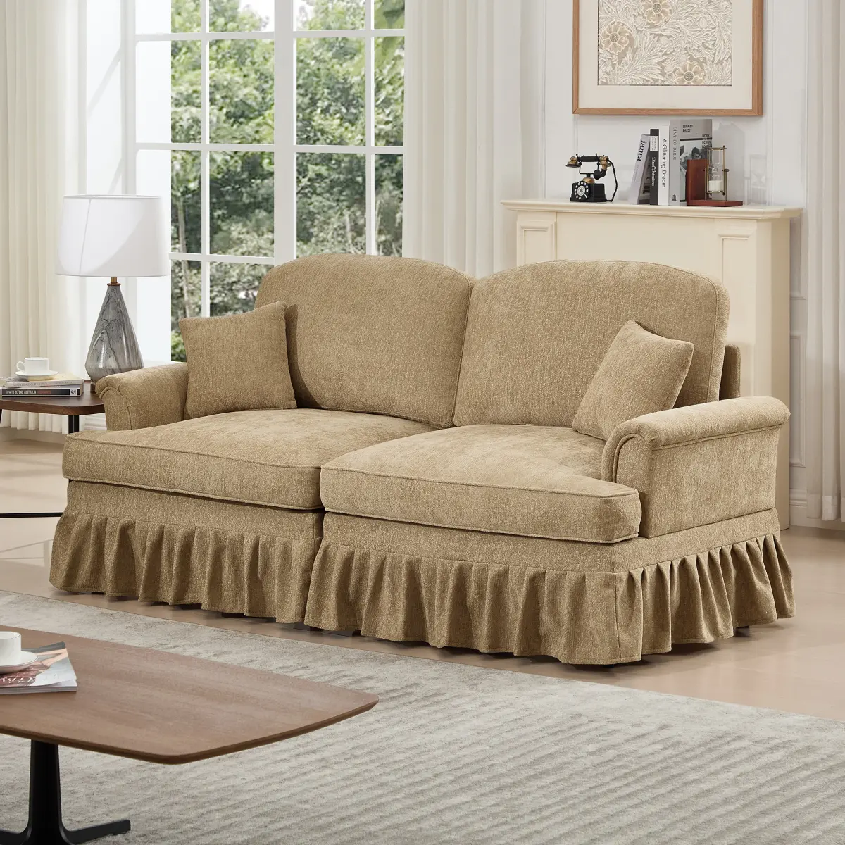 76.4inch Modular Sectional Sofa Couch, Comfy Chenille Two-Seat Sofa with Removable Ruffles Pleats Skirts, Elegant Mid Century Sofa Couch, for Living Room, Bedroom, Apartment