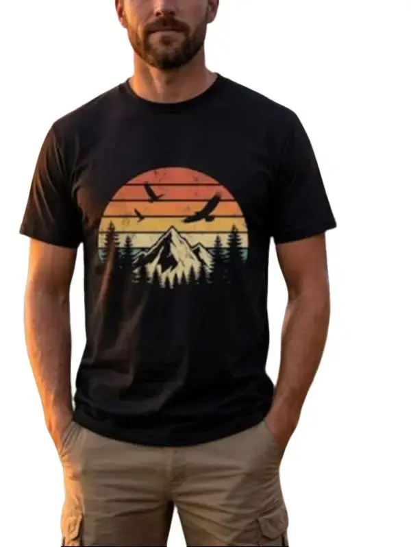 Men's Sunset Mountain Graphic Tee, Outdoor Camping Pine Tree Shirt, Casual Black & White Flying Eagle Nature Tops loose fit summer casual shirt viral tiktok funny dad life shirt fashion