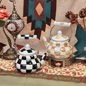 Classic Grid Enamel Steel Water Kettle, 1.5L Capacity, Retro Style Handmade Tea Pot, Seasonal Use, Perfect for Photography Props