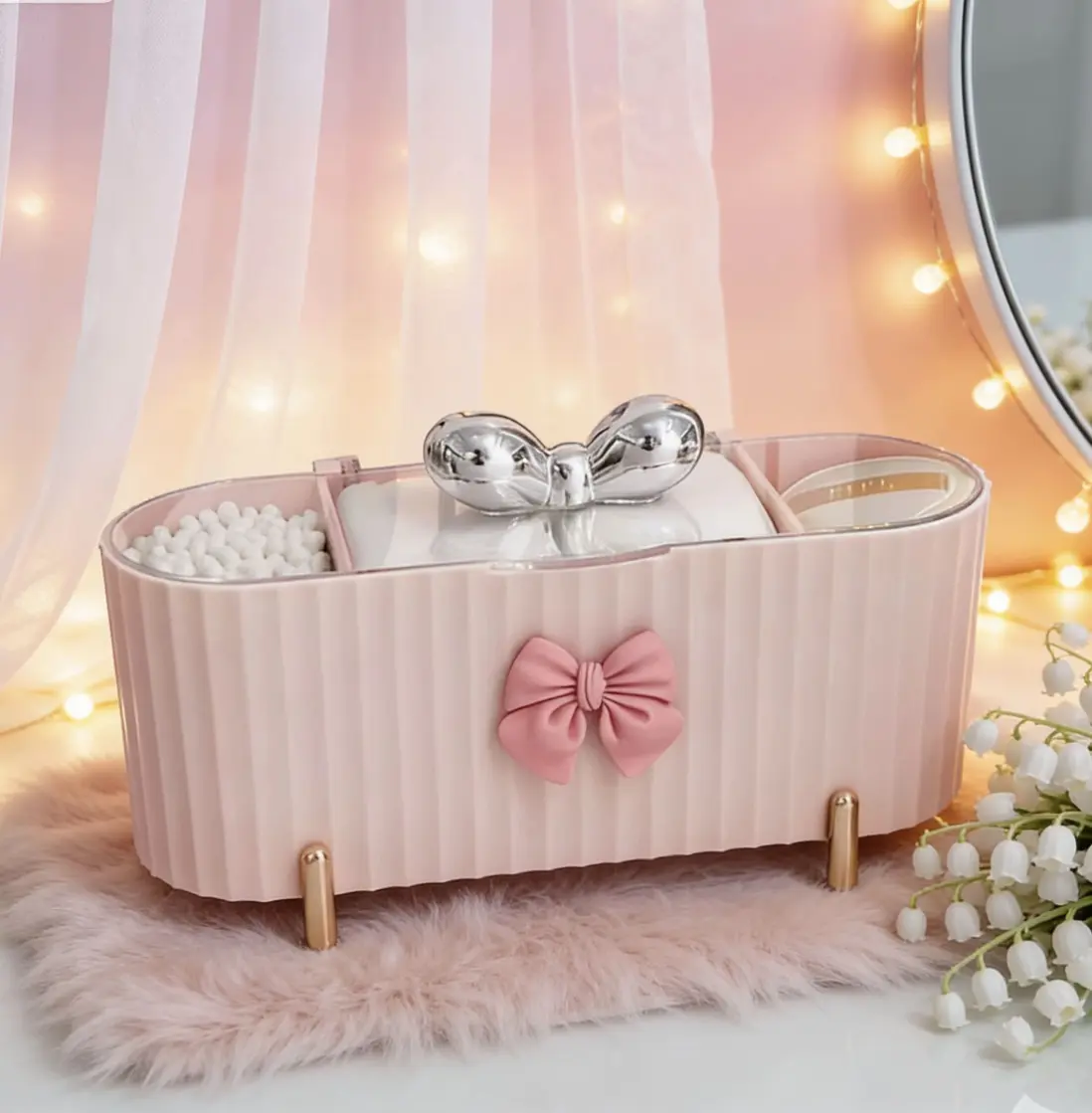 Desktop Storage Box with Compartments, Pink Bow Design, and Clear Lid — Dustproof storage for cosmetics, jewelry, makeup pads, and cotton swabs. Pack of 1