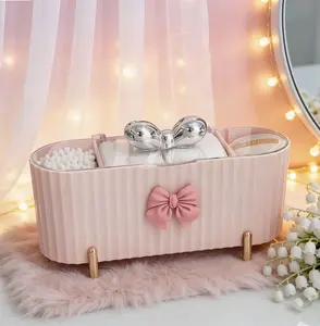 Desktop Storage Box with Compartments, Pink Bow Design, and Clear Lid — Dustproof storage for cosmetics, jewelry, makeup pads, and cotton swabs. Pack of 1