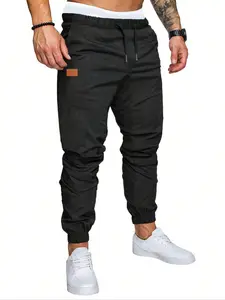 Men's Casual Jogger Pants with Elastic Waistband & Drawstring, Side Pockets, Colorblock Logo Patch, Perfect for Gym & Daily Wear