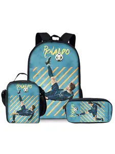 Football Elements Pattern Printed 17-inch Backpack Three-piece Set (Single-layer Backpack + Shoulder Strap Lunch Bag + Single-layer Pencil Bag) Casual Printed Backpack