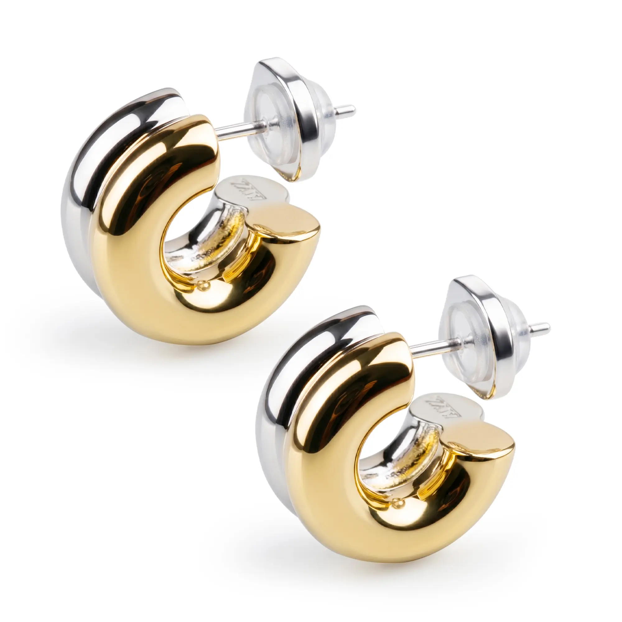 KVK Brand 2-Tone Chunky C-Shaped Hook Earrings - Unisex Metal Coating Double-Ring Costume Jewelry for Daily Casual Style, No Excessive Ornate Details