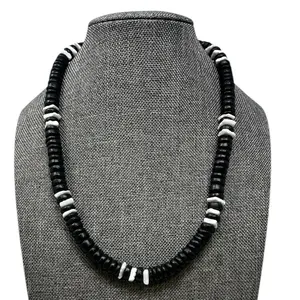 Black Wooden Bead Necklace Shell Choker Adjustable Unisex Beach Jewelry with White Seashell Chips for Coastal Style 16 inches Lightweight Natural Feel