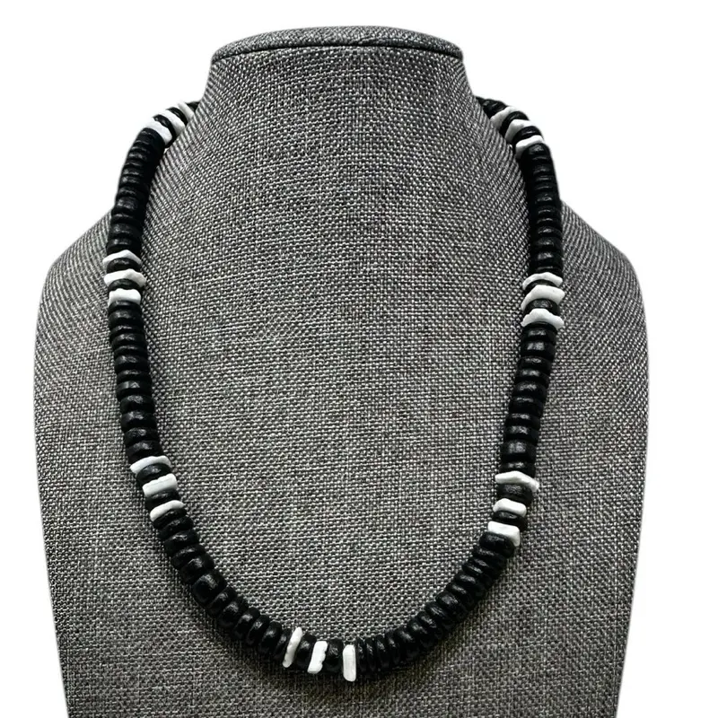 Black Wooden Bead Necklace Shell Choker Adjustable Unisex Beach Jewelry with White Seashell Chips for Coastal Style 16 inches Lightweight Natural Feel