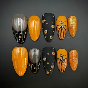 Orange Pumpkin Autumn Fall Press On Nails Halloween Handmade Reusable Custom Fingernails Gel Fake Nails with Pumpkin and Spider Designs