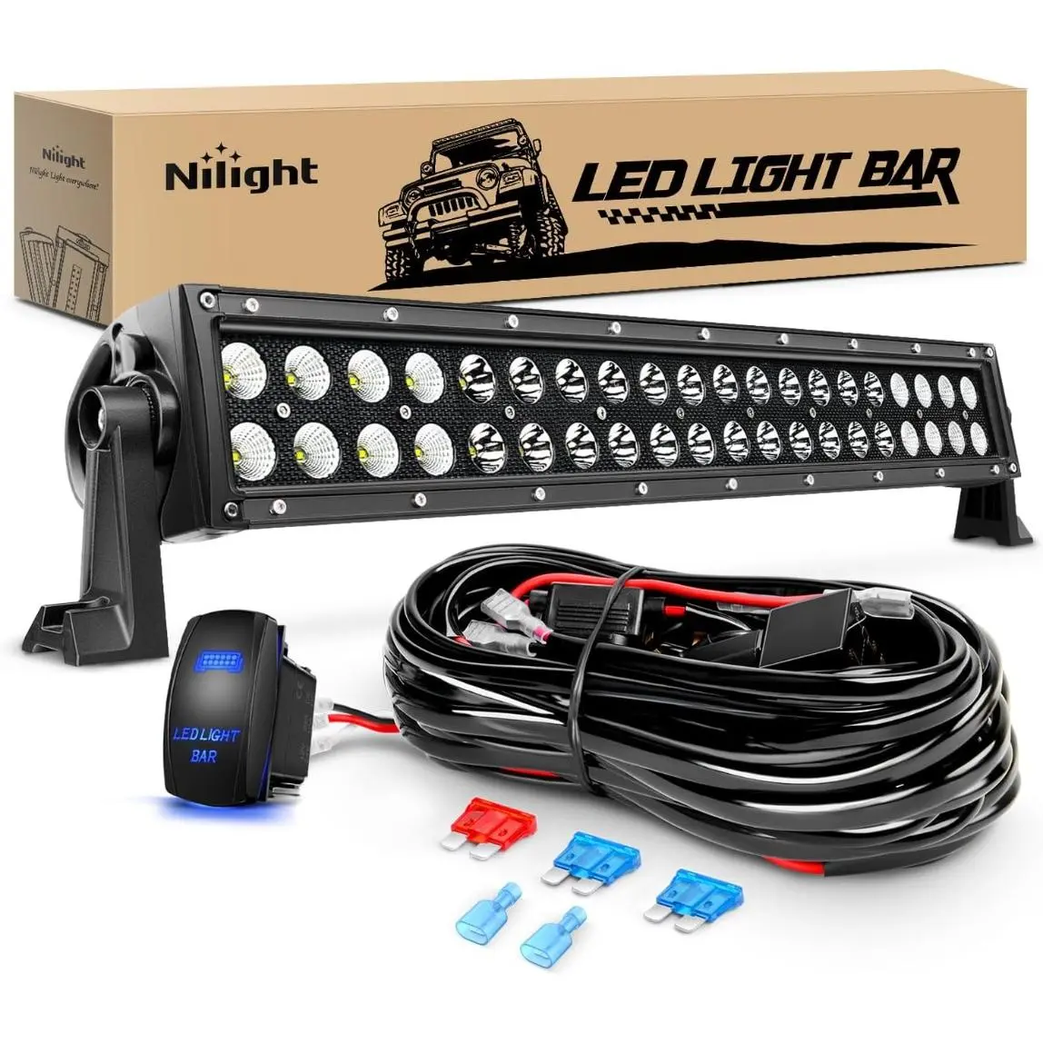 Nilight Sturdy LED Lightbar - 22inch 120W Flood-Spot Combo Driving Lights, 12V 5-Pin Rocker Switch, 16AWG Wiring Harness Kit for Trucks, Offroad Vehicles, Temperature-Resilient Automotive Lighting