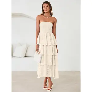 Simplee Boho Wedding Guest Dress - Strapless Tiered Maxi Dress - Flowy Summer Vacation Sundress