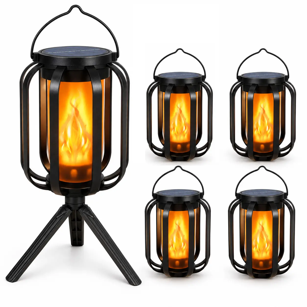 Solar Lantern Lights Outdoor, USB-C & Solar Rechargeable Flickering Flame Lamp with 4 Lighting Modes, IP65 Waterproof Hanging Camping Light with Detachable Tripod for Patio, Garden, Yard and Porch