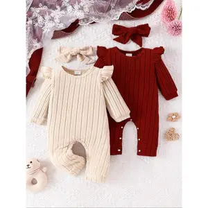 Baby Girl's Solid Long Sleeve Jumpsuits & Accessories 4 Piece Set, Cute Warm Clothes for Infant Toddler Kids, Newborn Baby Girls Gifts, Tops