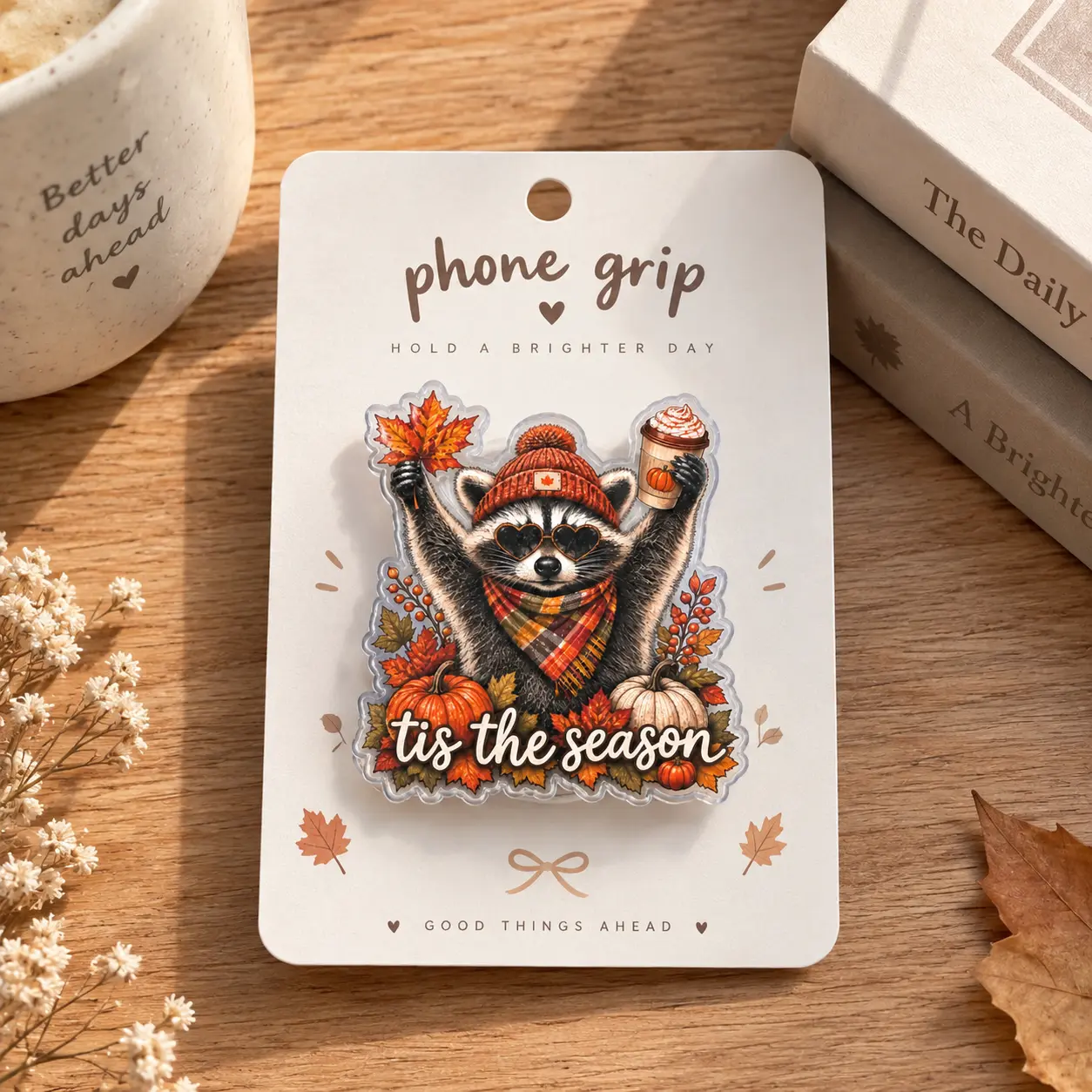 Fall Raccoon Phone Grip, Pumpkin Coffee & Maple Leaf Kindle Grip, Autumn Scarf Animal Magnetic MagSafe Kindle Holder, Cozy Seasonal Reader Gift