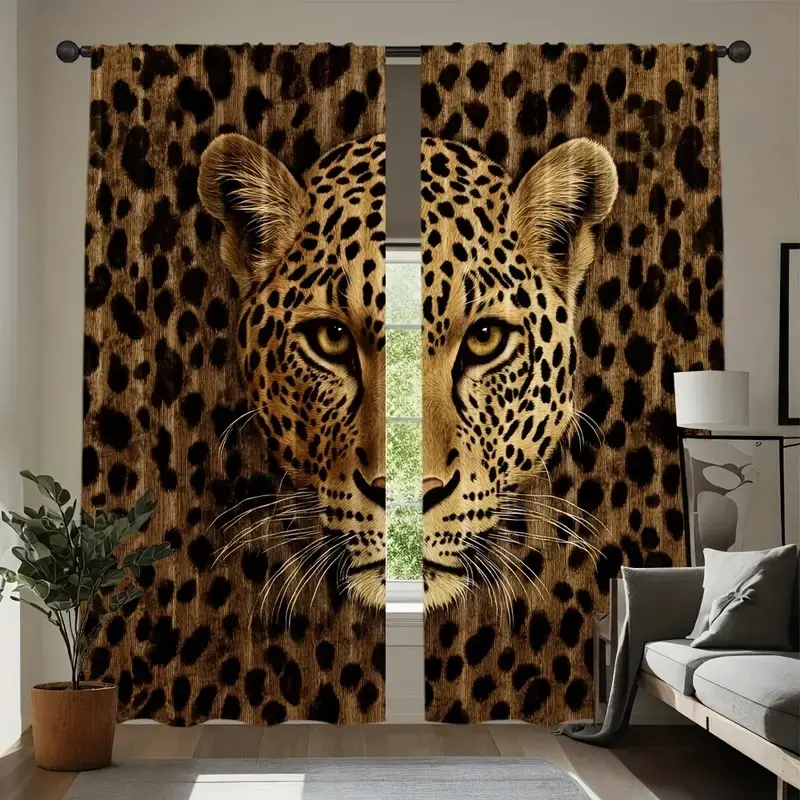 2pcs Leopard Print Curtains, Window Hanging, High Definition Digital Printing, Rod Pocket Installation, 100% Polyester, UV Protection, All Seasons Home Decorative Curtains, Easy Install Curtain, Room Decor Curtain