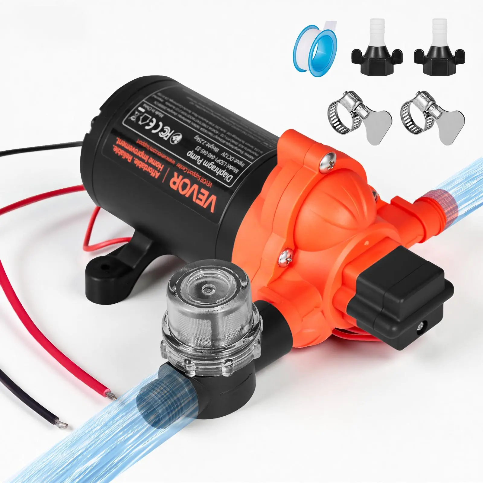 VEVOR 12V DC Self-Priming Diaphragm Pump for RV, 4 GPM (15.1 L/min) 3-Chamber Pump with Automatic Pressure Switch, 40 PSI Max Pressure, 1/2-in Hose Connection & Adapter for Caravans, Campers