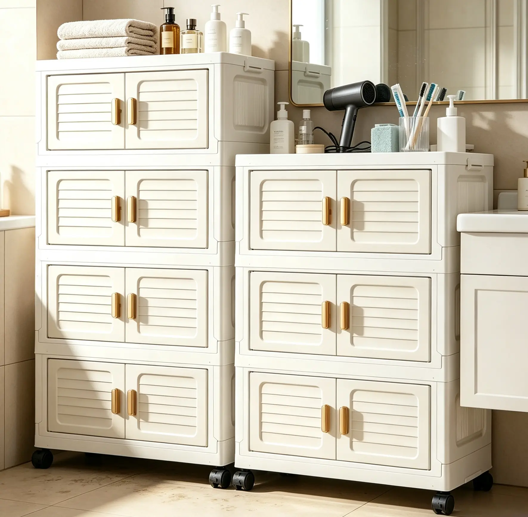 2-5 layer foldable and stackable storage box - with wheels, double-door foldable home storage cabinet, suitable for kitchen, living room, and bathroom.