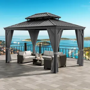 12ft x 16ft Permanent Hardtop Gazebo with Double Metal Roof - All-Weather Aluminum Pavilion for Patio, Deck, or Backyard (Includes Netting & Privacy Curtains)