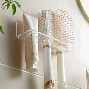 Wall-Mounted Acrylic Hair Brush Holder – Clear Plastic Bathroom Organizer Toothbrush Holder | No-Drill Vanity Storage Rack | Holds Combs, Toiletries | 1pc Transparent Design | Use Without Electricity