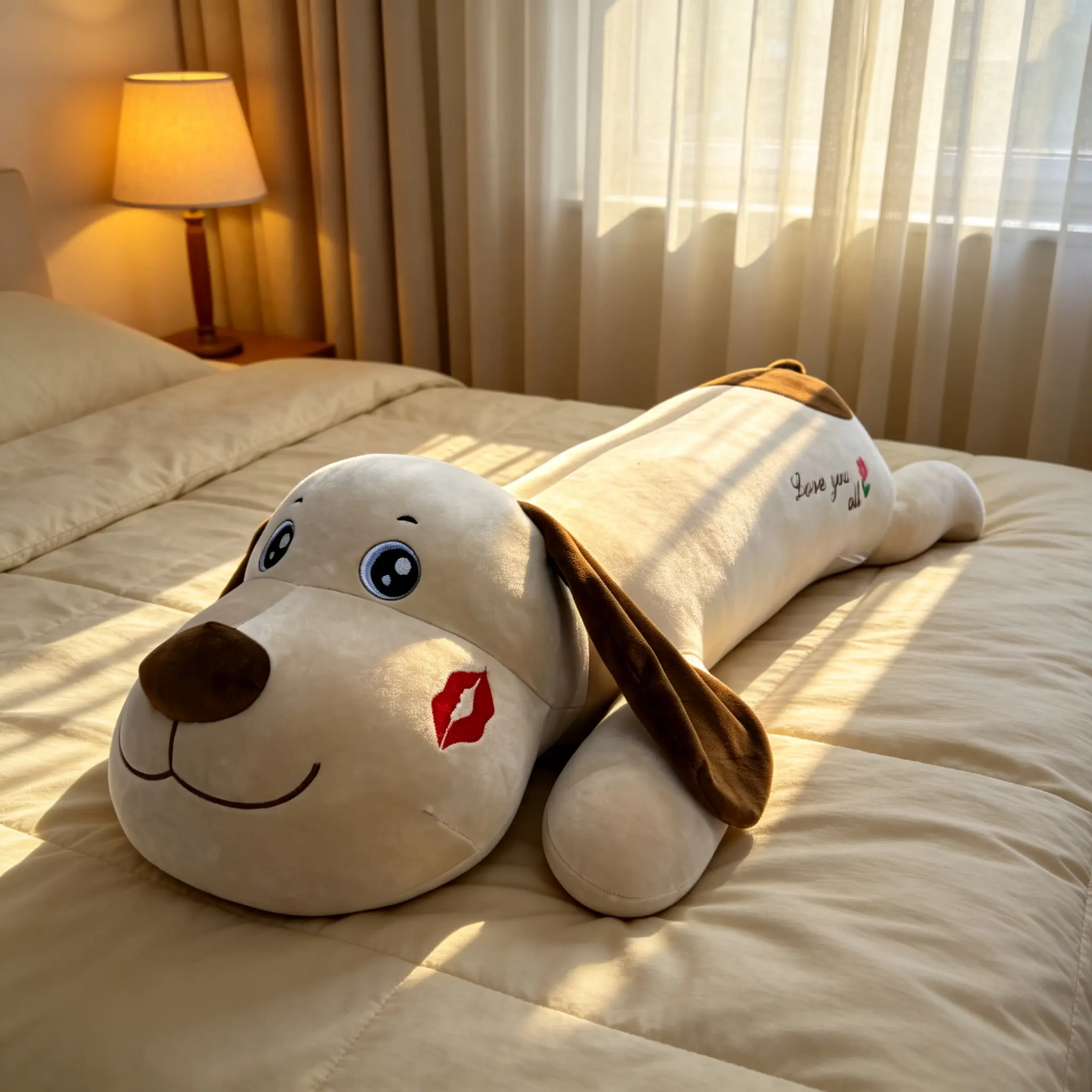 Trending ultra-soft beige lying dog long cuddle pillow; embroidered dog plush with red lips; dog plush that gives a thumbs-up; bed companion plush for cuddling and leg-ho