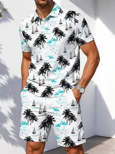 Summer New Men's Polo Shirt Set, Flamingo Palm Tree Sailboat Print, Short Sleeve Shorts Two-Piece Set, Hawaiian Vacation Style