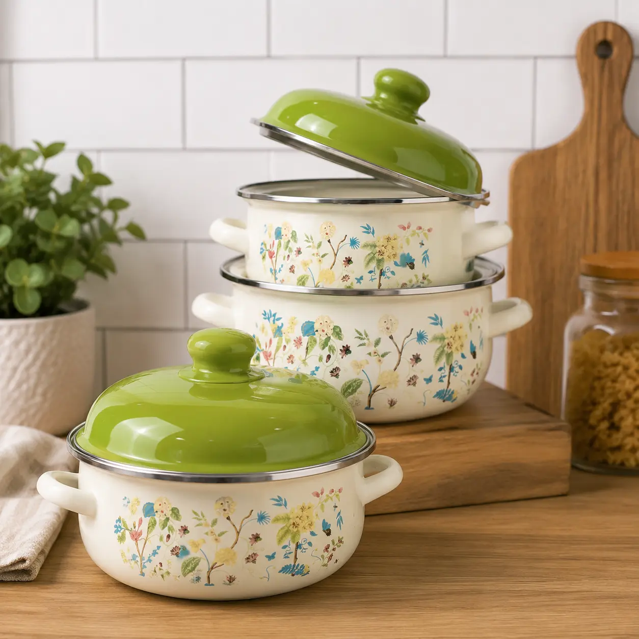 3 Sizes Cute Cartoon Printed Enamel Soup Pot Set, Double Handle Food-Safe Non-Toxic Enamel Cookware, Induction Stove Compatible Mini Pot for Soup Stew Baby Food Single Serving Cooking cauldron cooking pot