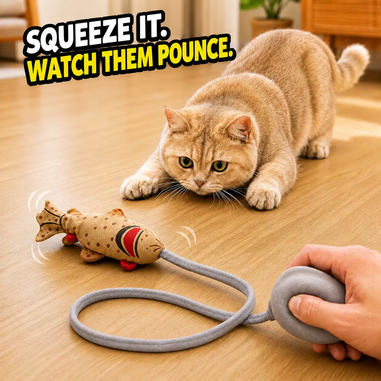 Interactive Cat Teaser Toy, Interactive Cat Fish Toy with Squeeze Activated Moving Action, Catnip Plush Teaser Toy with 51 Inch Fabric Cord, Realistic Prey Design for Indoor Cats Chase Play, Exercise and Bonding