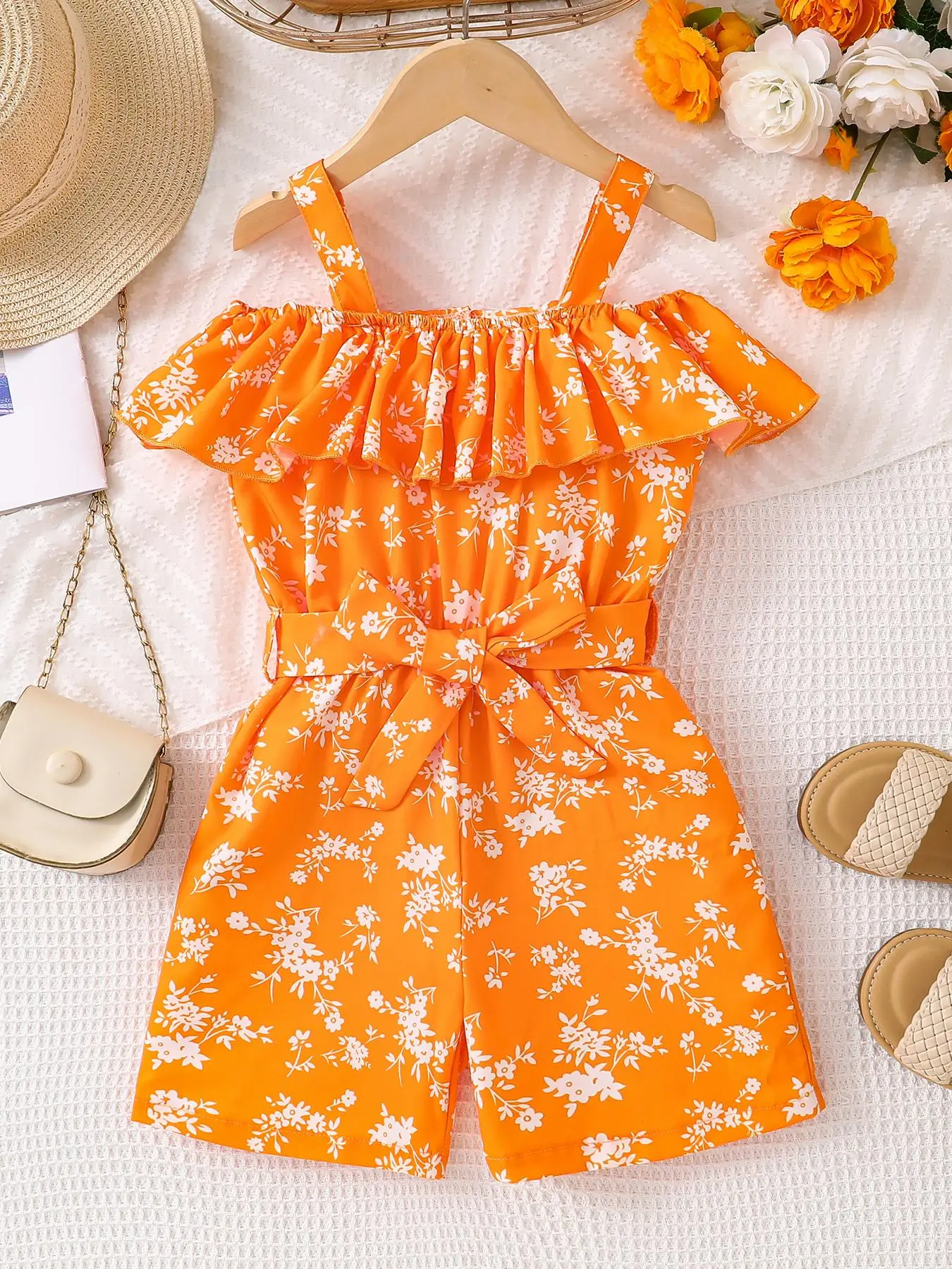 Toddler Girl's Ditsy Floral Print Belted Romper, Casual Ruffle Trim Romper for Summer, Kids Clothes for Daily Wear