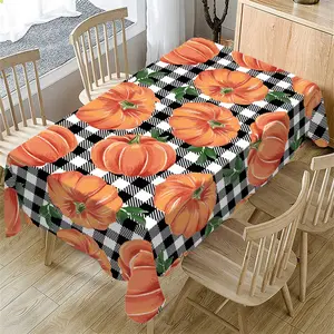 Rectangle and Checkered Tablecloth with Pumpkin Design, Vibrant Fall Season Thanksgiving Dining Decor for Indoor Outdoor Use, Perfect for Parties Weddings Picnics and Restaurants