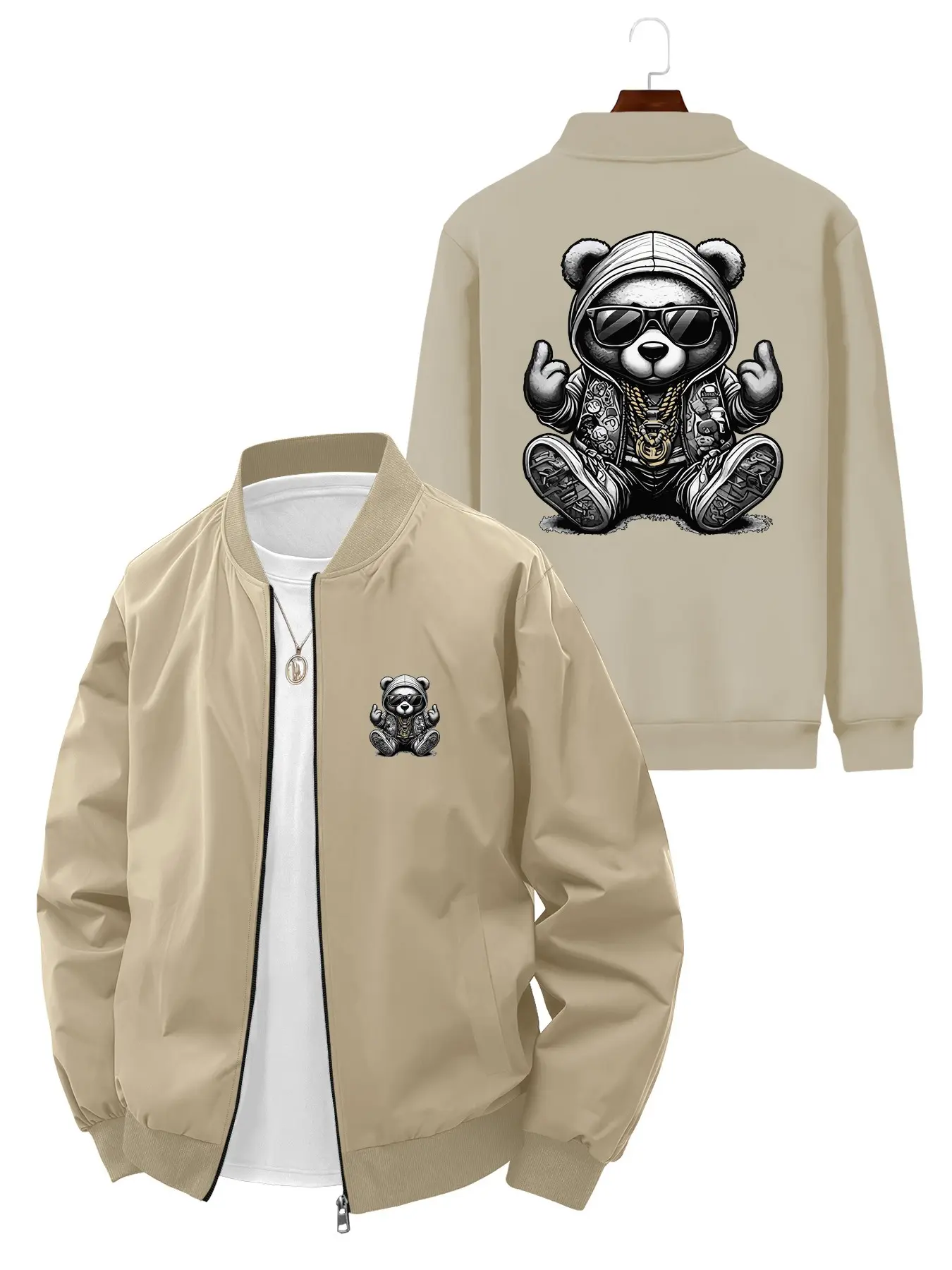 Trendy Hip Hop Style Men's Stand Collar Jacket with Hooded Sunglasses Bear Print for Daily Wear and Street Fashion
