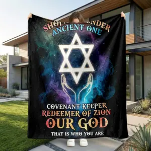 1pc Star of David with Glowing Hands Flannel Blanket, Nebula Smoke Background, Shofar Sounder and Ancient One Religious Design, Sofa/Bedroom/Car/Travel Warm Blanket, Multi-Functional Decorative Thro