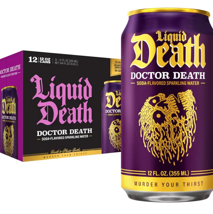 Liquid Death Soda-Flavored Sparkling Water - Doctor Death (Cherry, Cream, Spice), Less Sugar*, Huge Flavor, No Caffeine, No Artificial Sweeteners, 12 Fl Oz (Pack of 12)